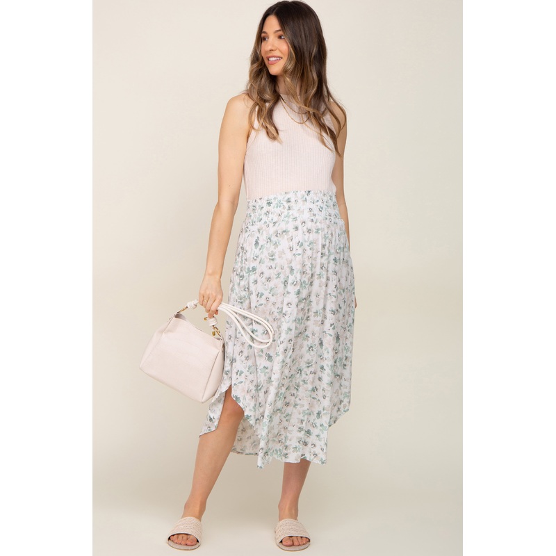 Ivory Mint Floral Smocked Maternity Skirt
