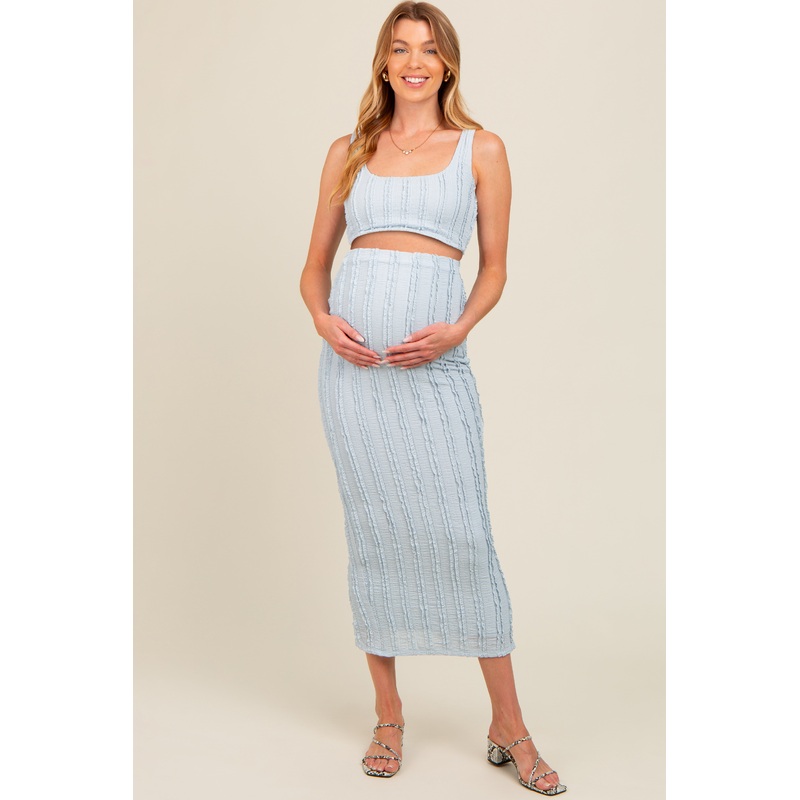 Light Blue Crop Top Side Ruched Long Pencil Skirt Maternity Set