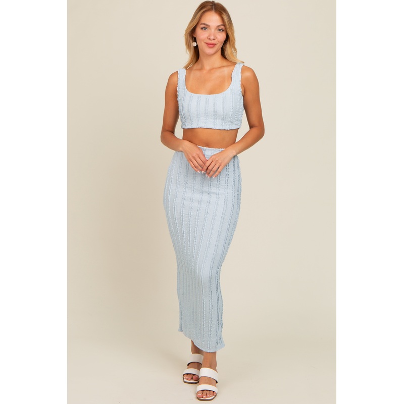 Light Blue Crop Top Side Ruched Long Pencil Skirt Set