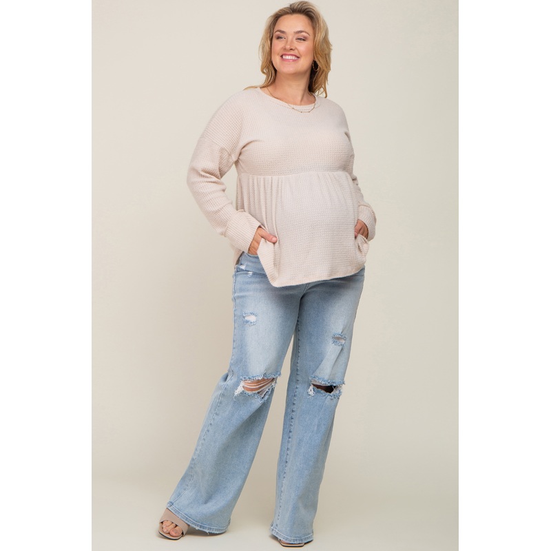 Light Blue Distressed Open Knee Wide Leg Maternity Plus Jeans