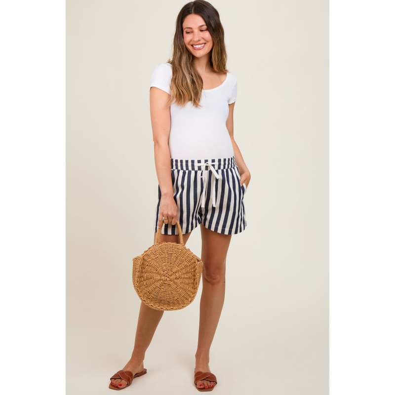 Navy Stripe Twill Maternity Shorts