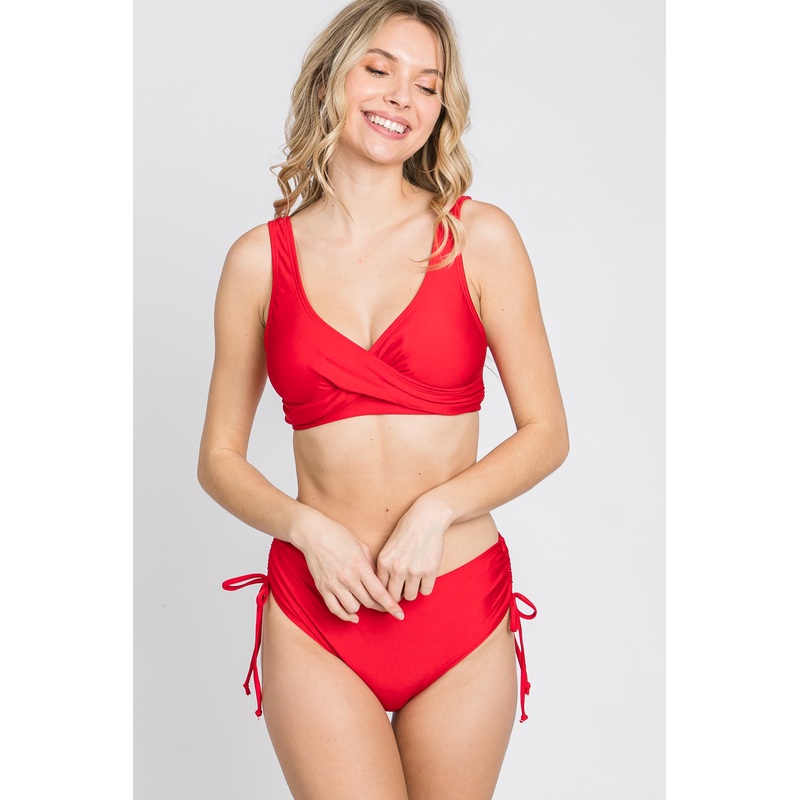 Red Cross Front Drawstring Side Two-Piece Bikini Set