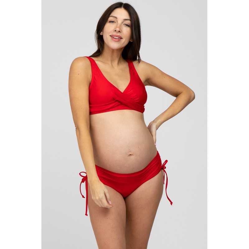 Red Cross Front Drawstring Side Two-Piece Maternity Bikini Set