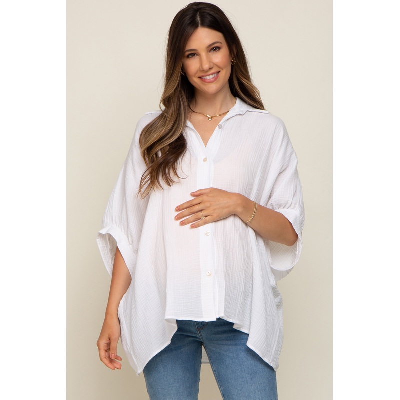 White Gauze Double Layered Maternity Button Up Top