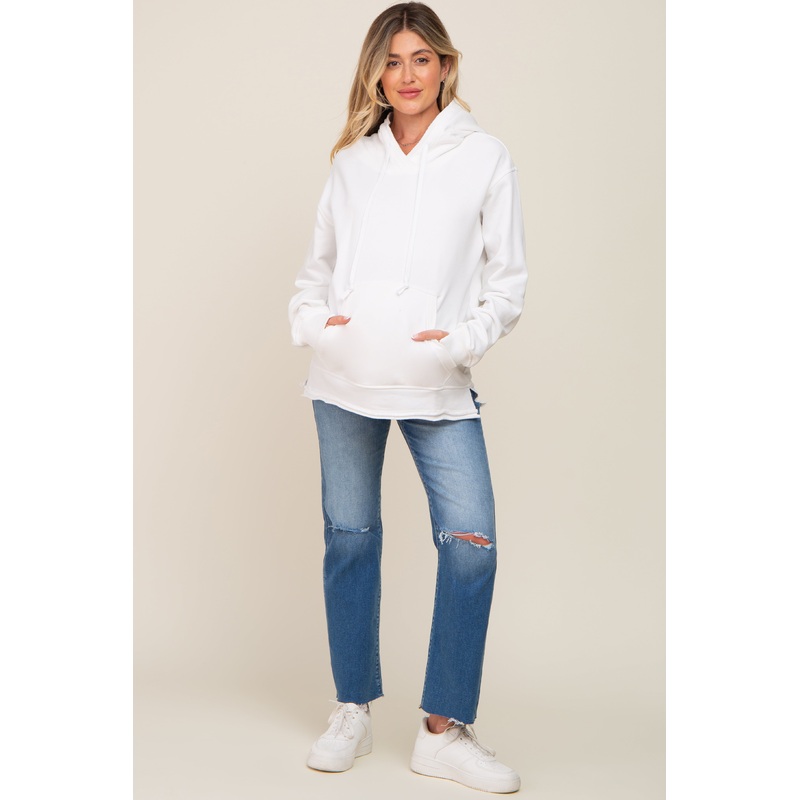 White Raw Edge Trim Maternity Drawstring Hoodie