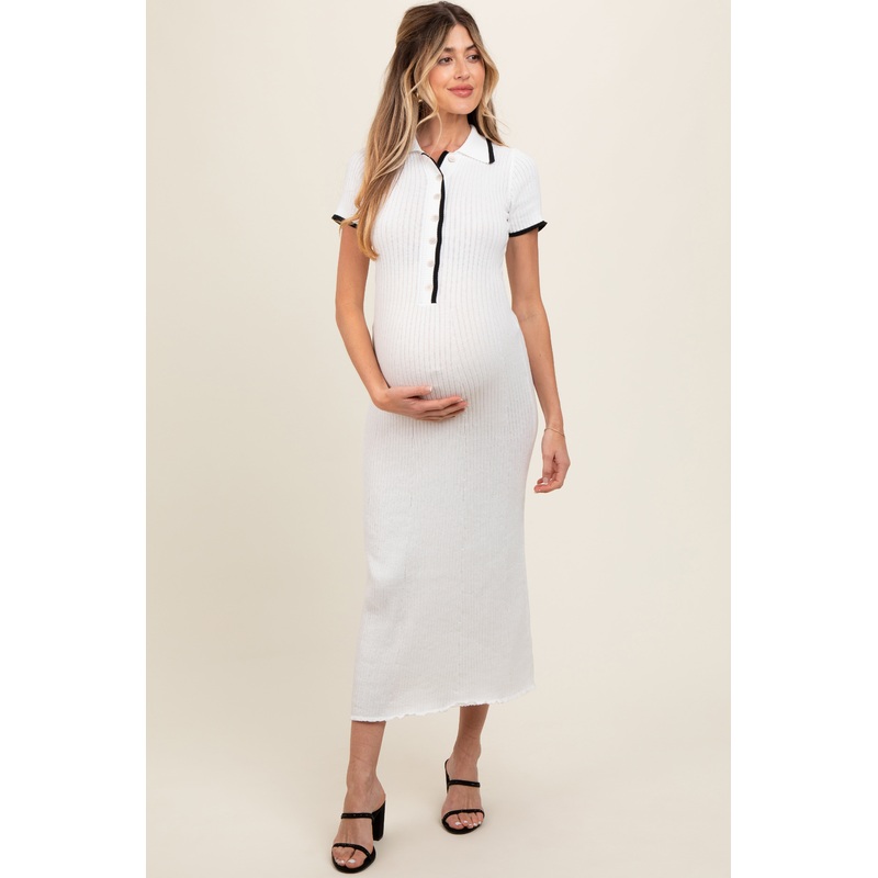 White Ribbed Knit Collared Button Front Maternity Dress