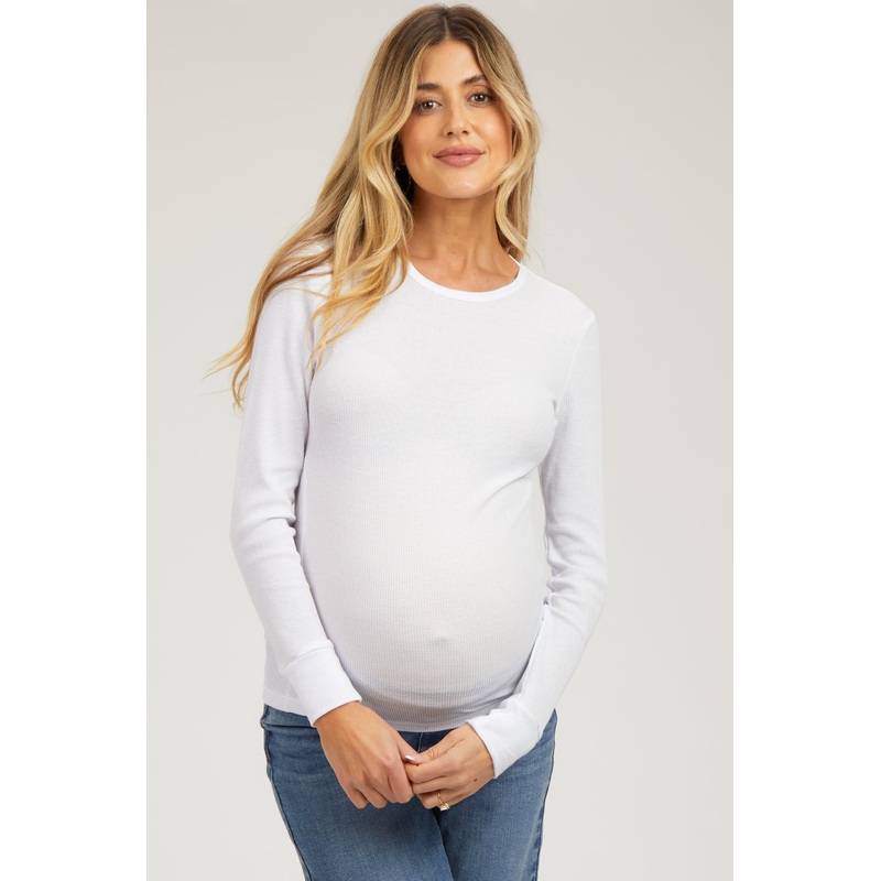 White Waffle Knit Basic Long Sleeve Maternity Top