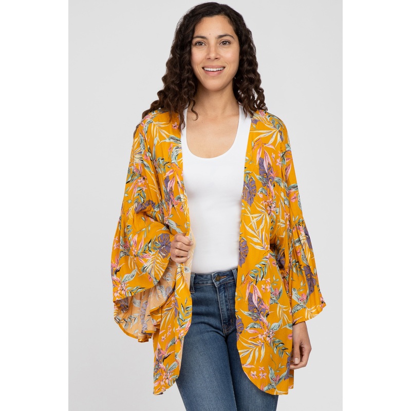 Yellow Floral Bell Sleeve Cover Up
