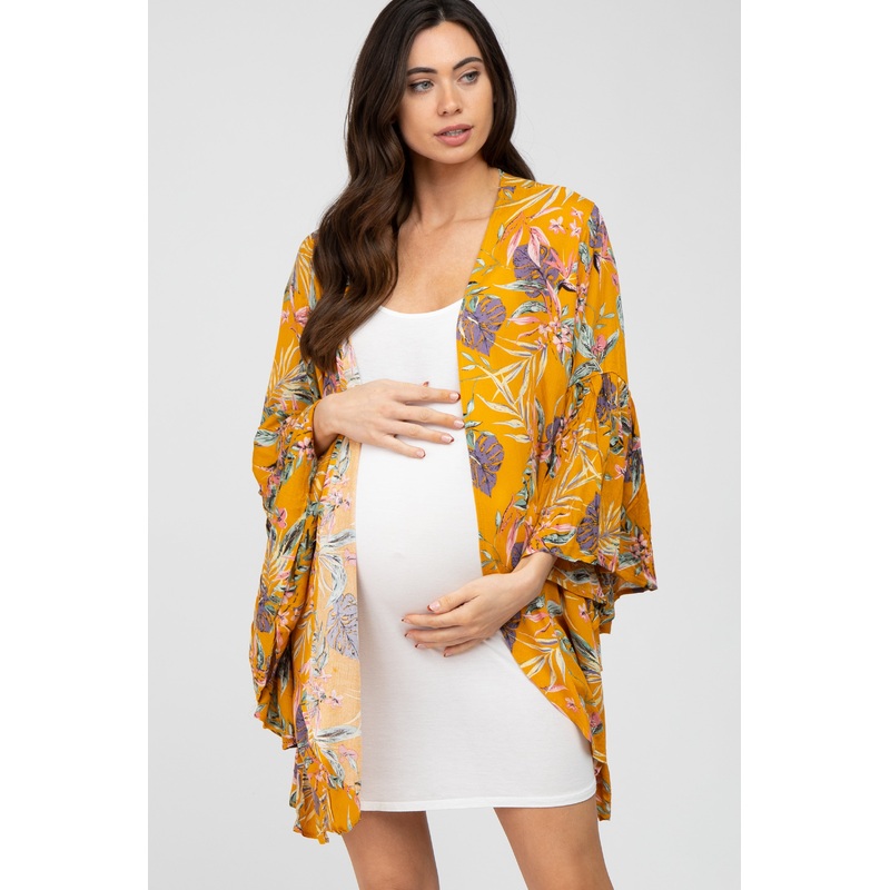 Yellow Floral Bell Sleeve Maternity Cover Up
