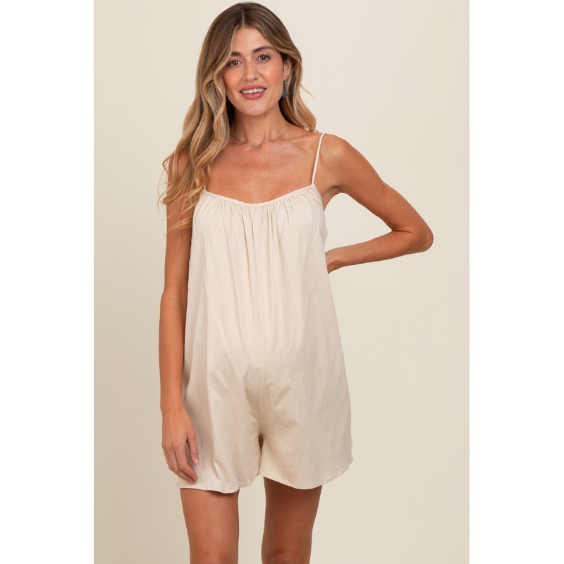 Beige Adjustable Tie Back Maternity Romper