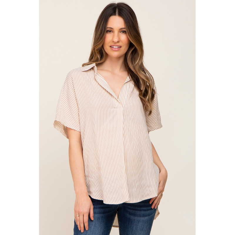 Beige Collared Short Sleeve Maternity Top