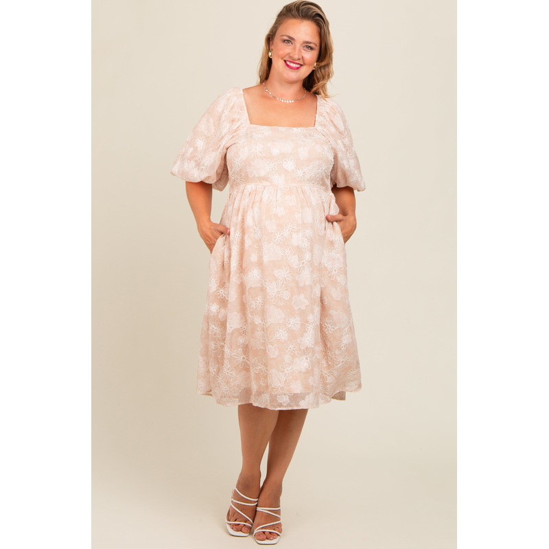 Beige Floral Embroidered Short Puff Sleeve Maternity Plus Dress