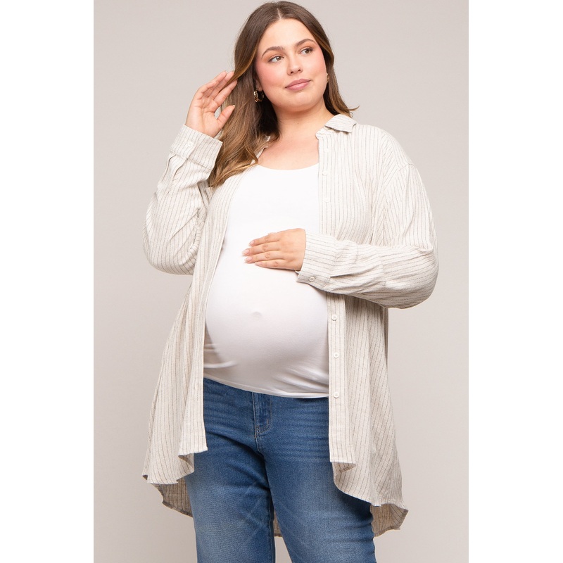 Beige Pinstriped Button-Down Linen Maternity Plus Tunic