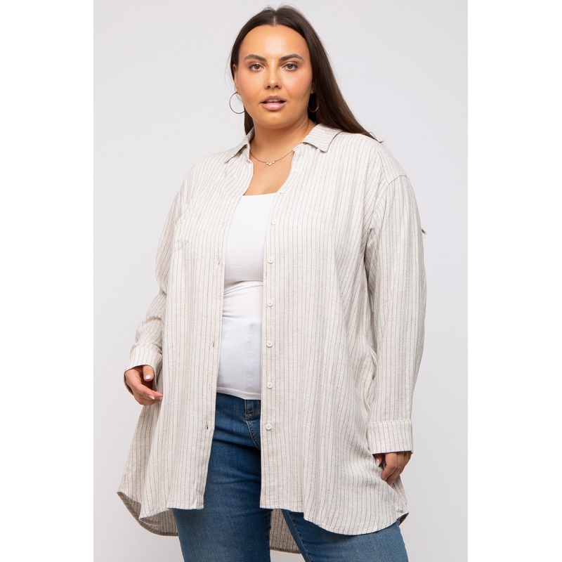 Beige Pinstriped Button-Down Linen Plus Tunic