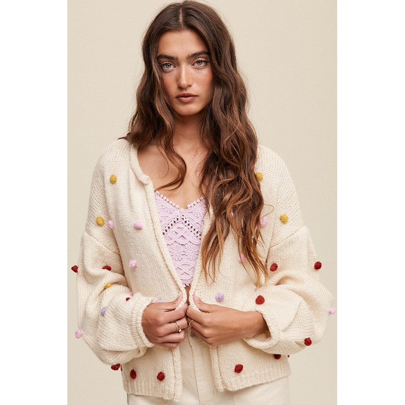 Beige PomPom Cardigan