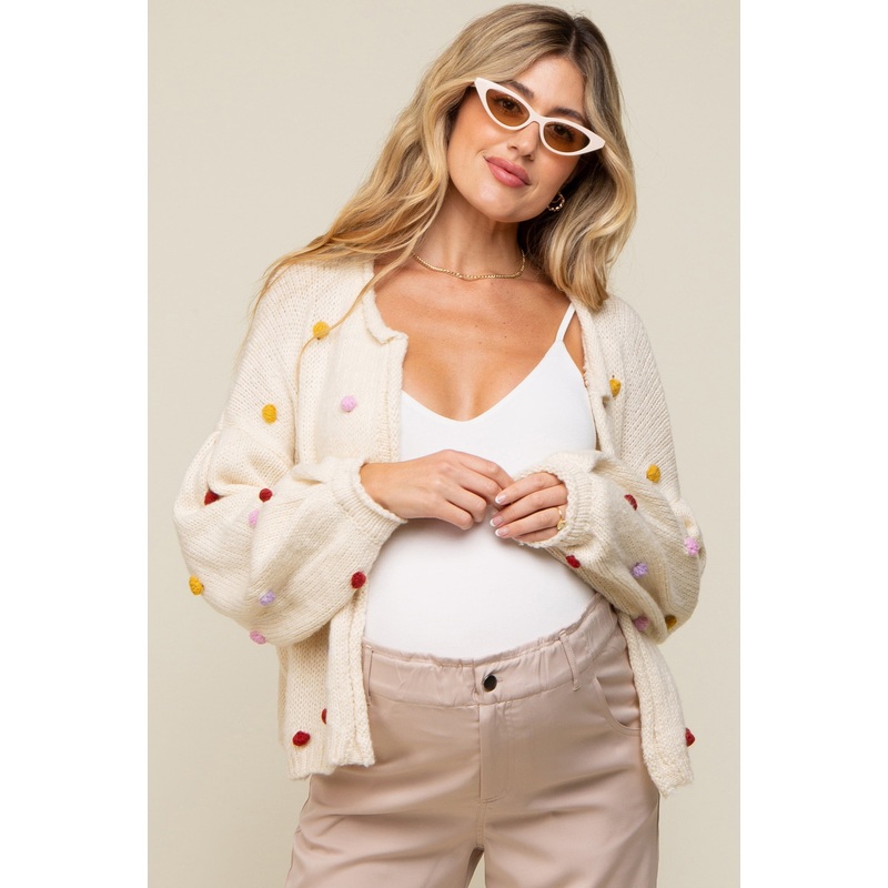Beige PomPom Maternity Cardigan