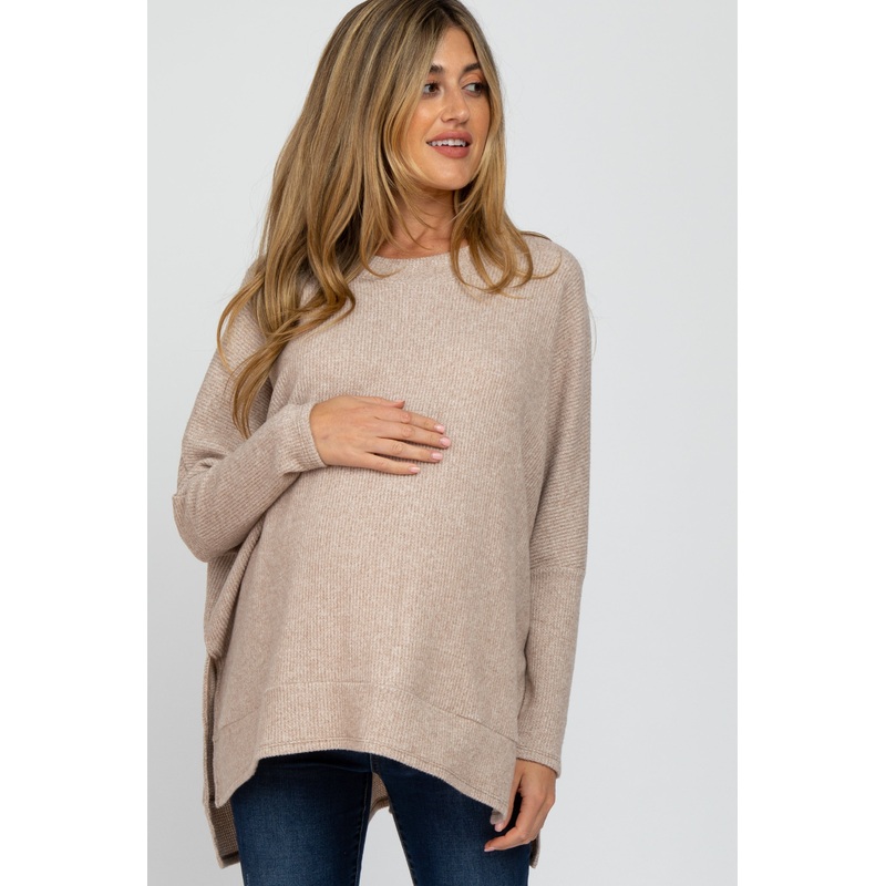 Beige Soft Knit Maternity Long Sleeve Top