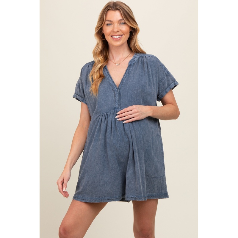Blue Cuffed Sleeve Maternity Romper