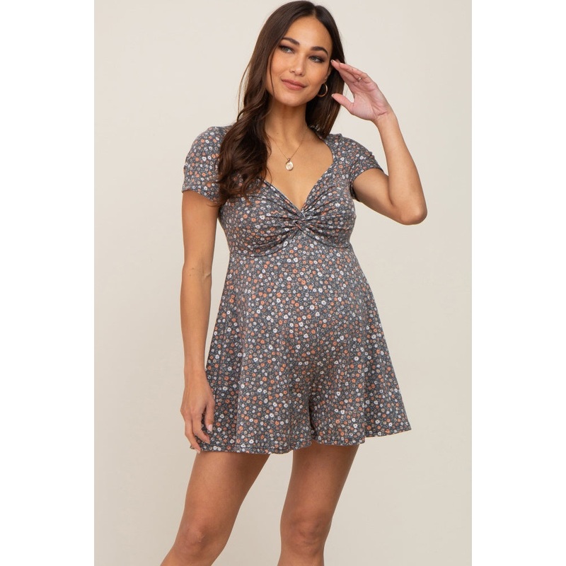 Charcoal Floral Twist Front Maternity Romper