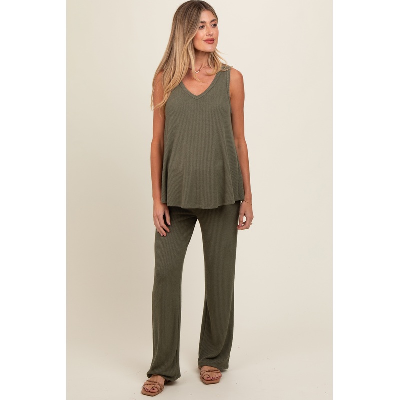 Olive Rib Knit Tank and Pant Maternity Set