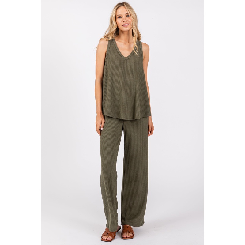 Olive Rib Knit Tank and Pant Set