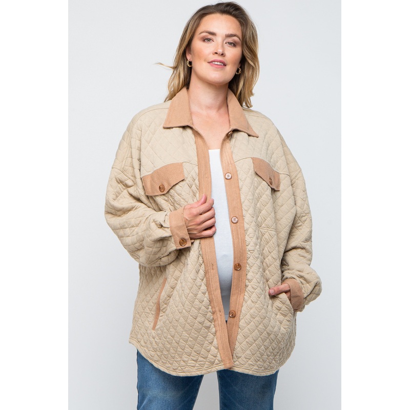 Taupe Colorblock Quilted Maternity Plus Shirt Jacket