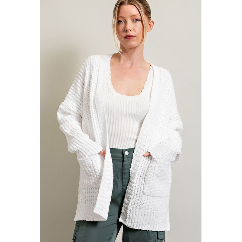 White Brushed Chenille Knit Cardigan