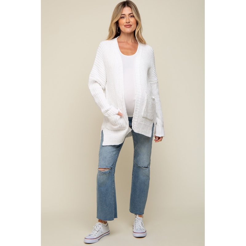 White Brushed Chenille Knit Maternity Cardigan