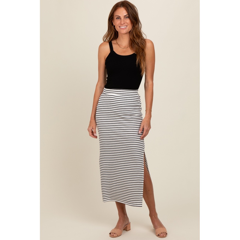 White Striped Fitted Side Slit Maxi Skirt