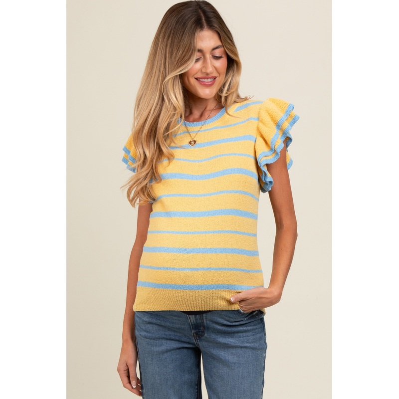 Yellow Striped Ruffle Sleeve Maternity Sweater Top