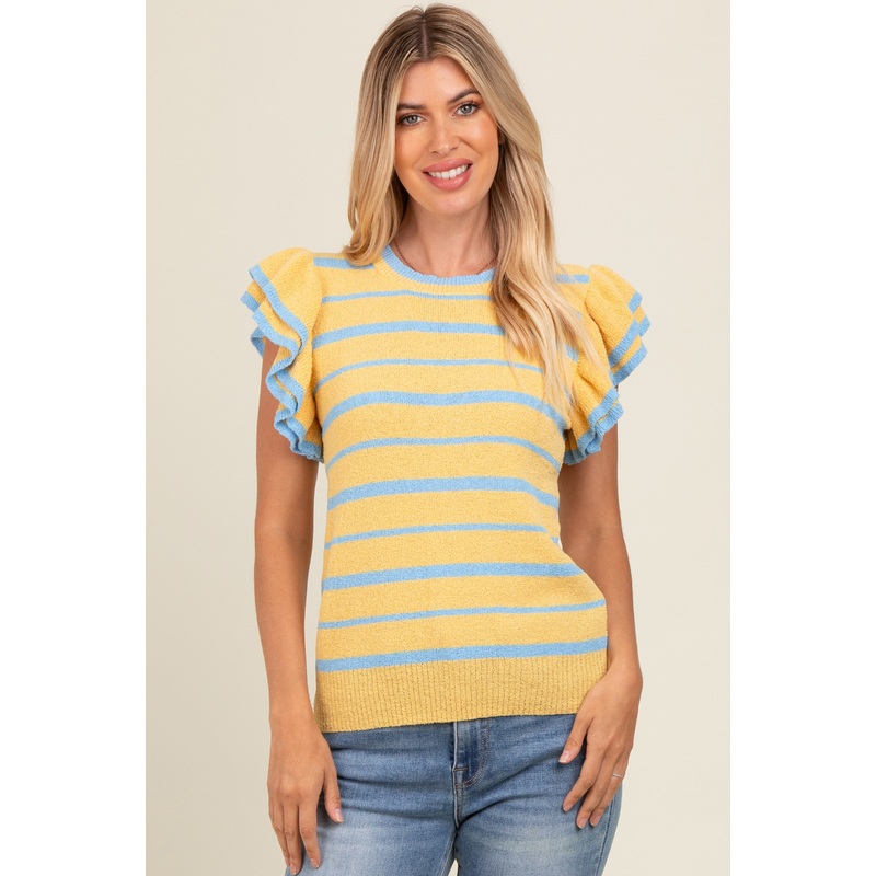 Yellow Striped Ruffle Sleeve Sweater Top