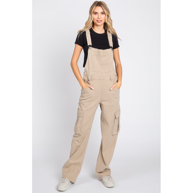 Beige Cargo Pocket Denim Overalls