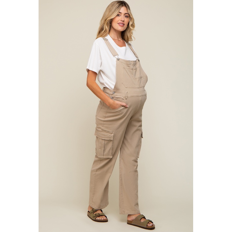 Beige Cargo Pocket Maternity Denim Overalls
