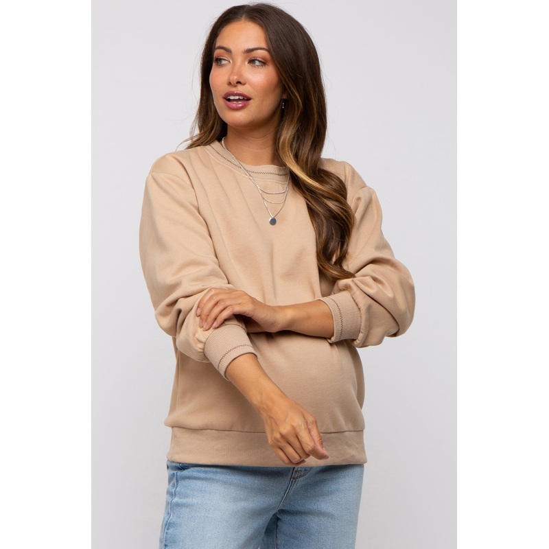 Beige Embroidered Fleece Maternity Sweatshirt
