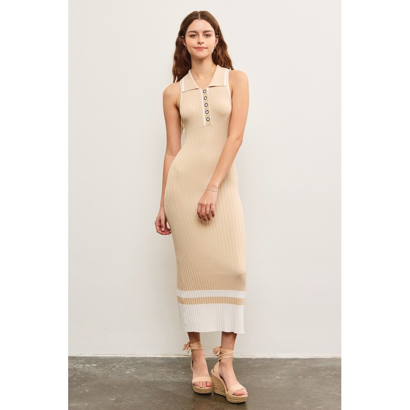 Beige Knit Colorblock Stripe Sleeveless Polo Dress