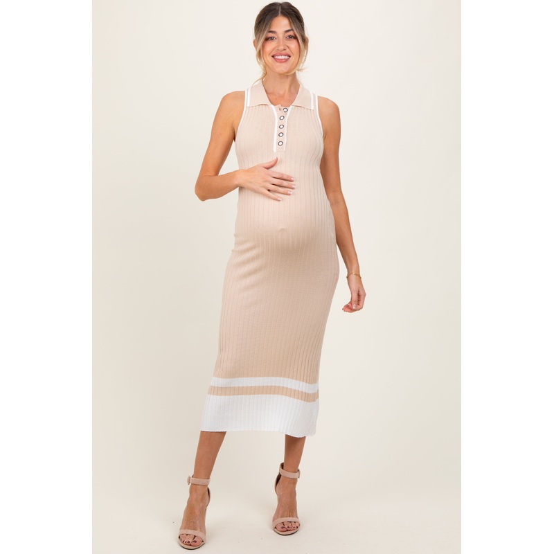 Beige Knit Colorblock Stripe Sleeveless Polo Maternity Dress