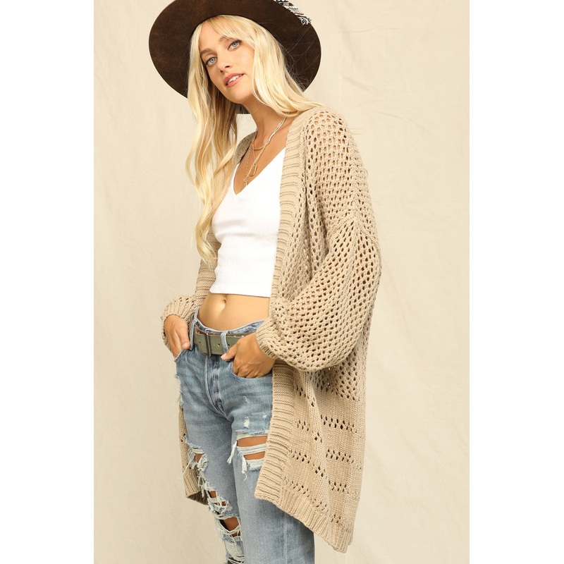 Beige Open Knit Oversized Cardigan