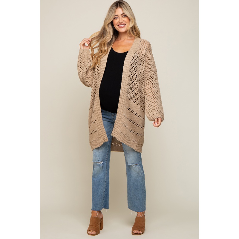 Beige Open Knit Oversized Maternity Cardigan