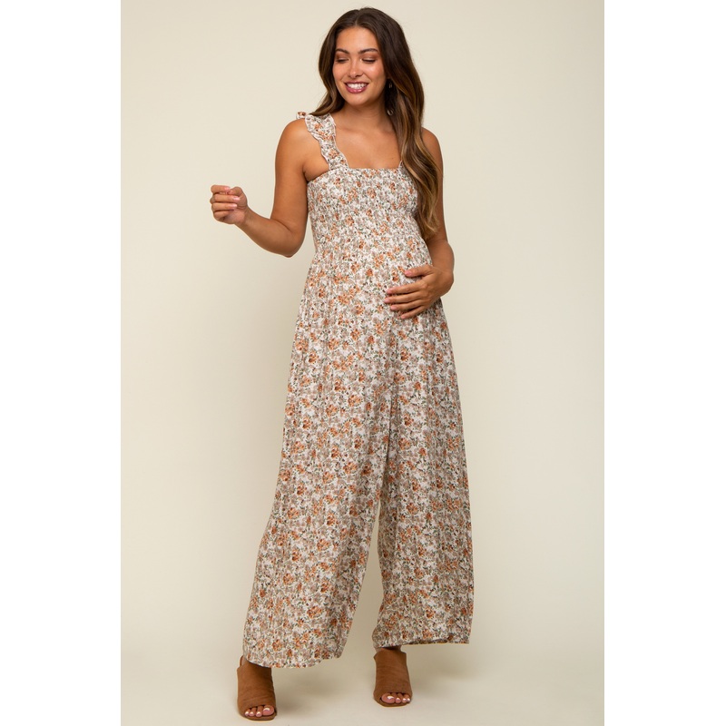 Beige Sleeveless Floral Smocked Ruffle Maternity Jumpsuit