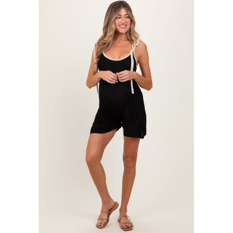 Black Floral Jacquard Knit Shoulder Tie Maternity Romper