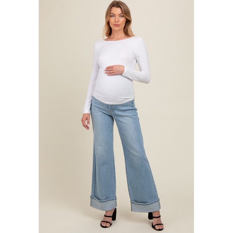 Light Blue Cuffed Maternity Wide Leg Jeans