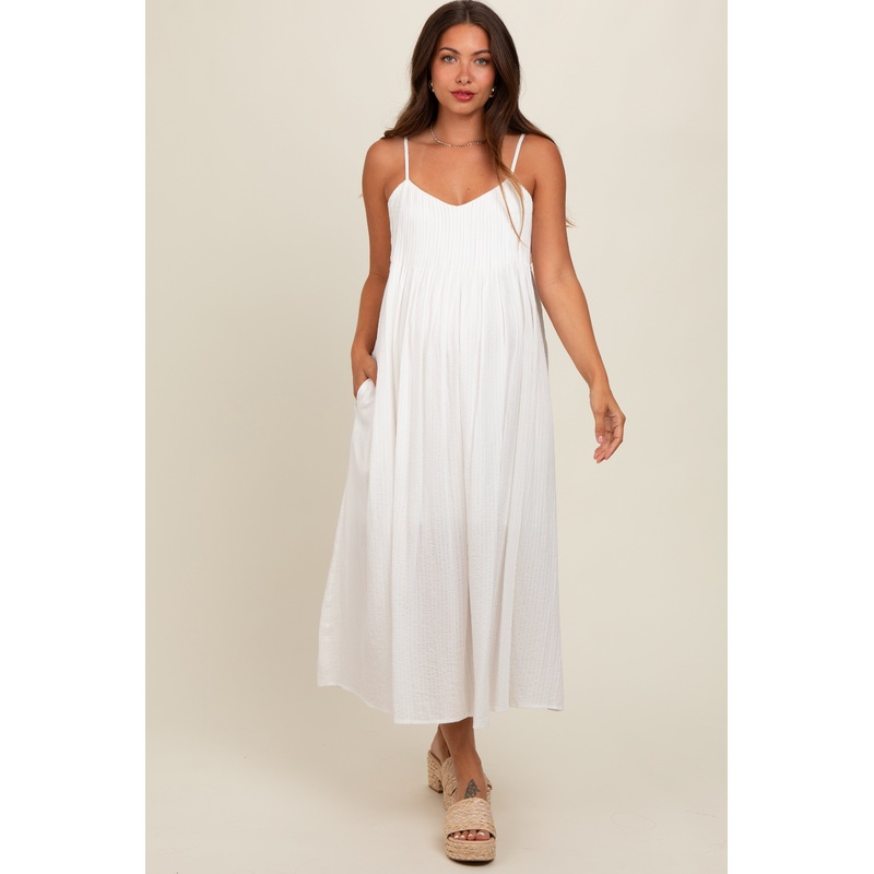 White Striped V-Neck Sleeveless Side Pocket Maternity Dress