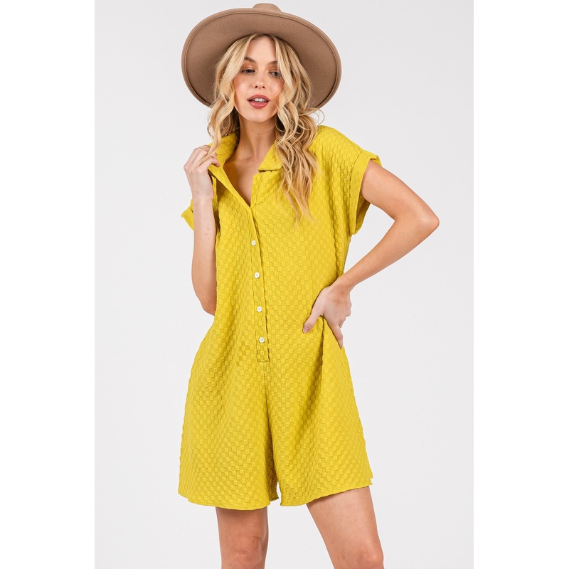 Yellow Jacquard Plaid Button-Down Romper
