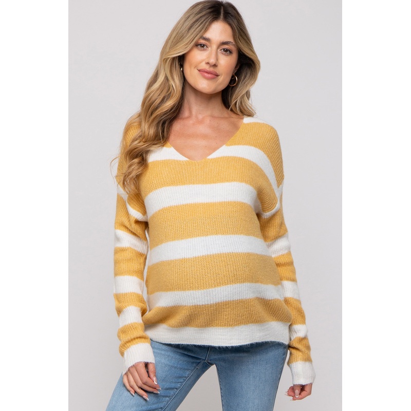 Yellow Striped V-Neck Maternity Sweater