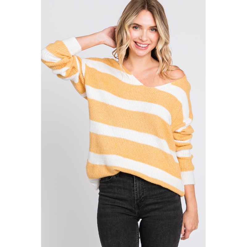 Yellow Striped V-Neck Sweater