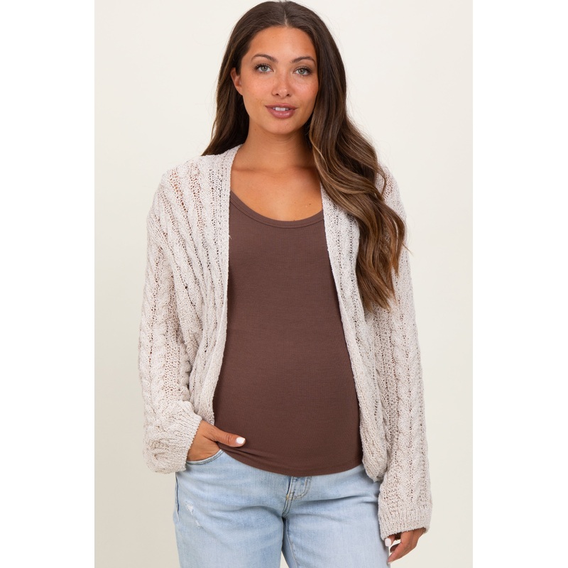 Beige Cable Knit Maternity Open Cardigan