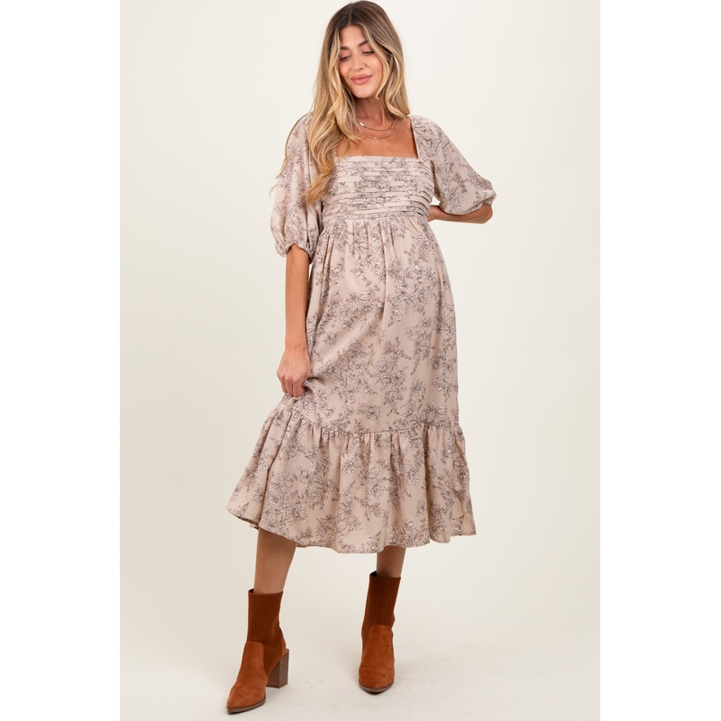 Beige Floral Pleated Bodice Maternity Midi Dress