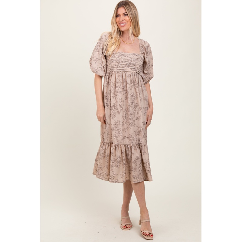 Beige Floral Pleated Bodice Midi Dress