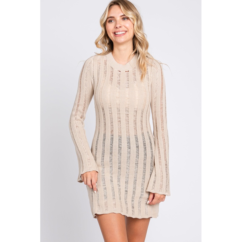 Beige Ladder Knit Long Sleeve Dress/Tunic