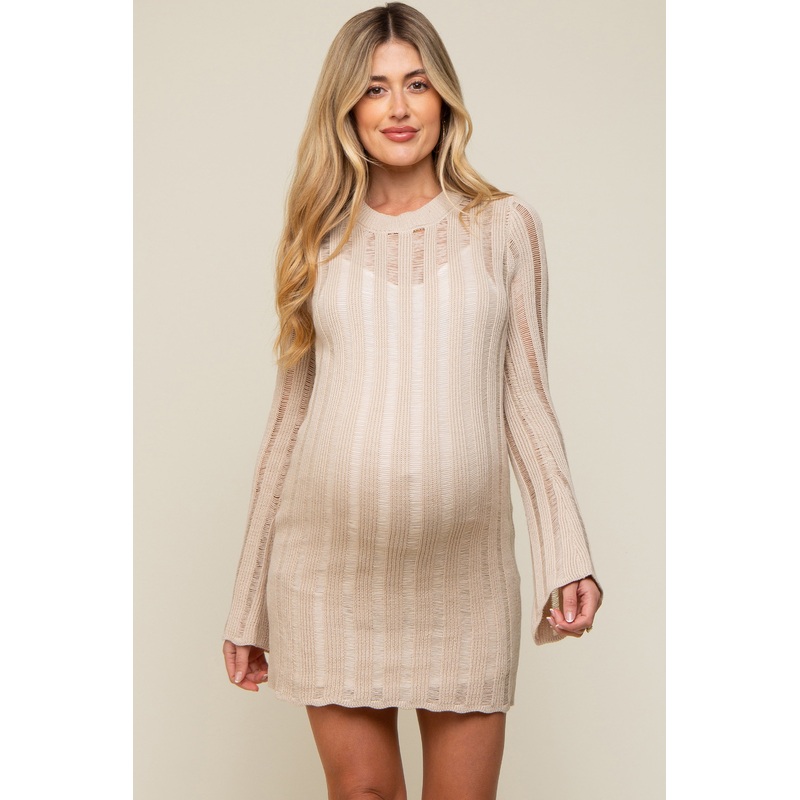 Beige Ladder Knit Long Sleeve Maternity Dress/Tunic